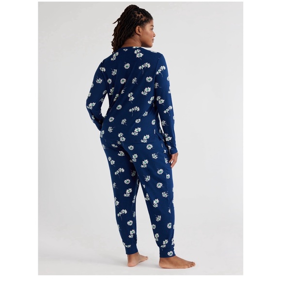 Joyspun Women’s Ribbed Blue Floral Print Top and Pants Pajama Lounge Set - Picture 3 of 5